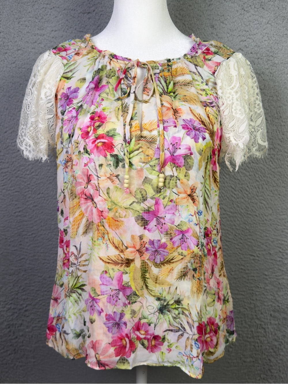 Hale Bob Top Womens Medium Multicolor Floral Lace Front Tie Short Sleeve Preppy